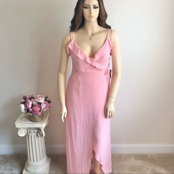 EXPRESS Light Pink Ruffle Front Wrap Sleeveless Long Dress EXPRESS Light Pink Ruffle Front Wrap Sleeveless Long Dress